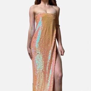 ISOLDA Brazil orange pink sequin strapless maxi dress